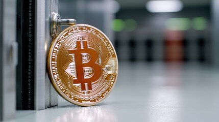 Bitcoin cryptocurrency in secure server room.