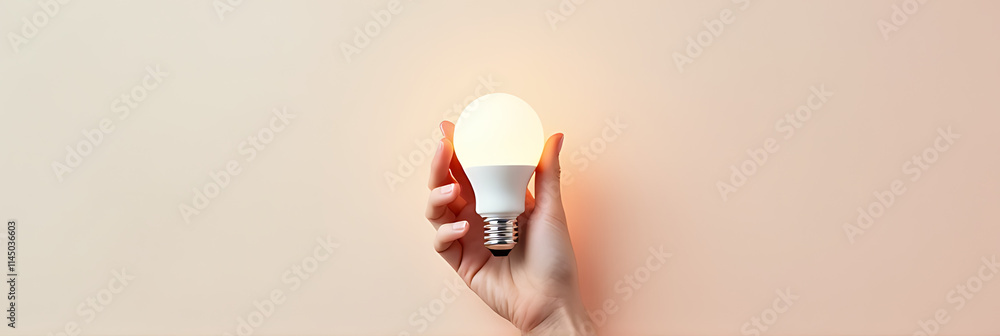 Aufkleber a human hand holds a white lightbulb in front of a soft pastel colored background with flat design s