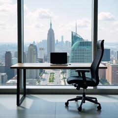 Office Interior Desk Chair Laptop City View