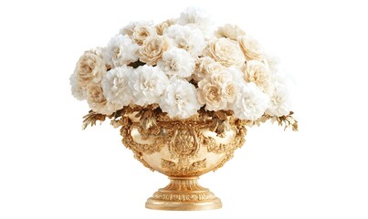 White and gold floral arrangement in ornate vase.