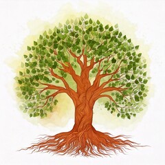 Bodhi Sacred Fig tree Watercolor Vector Illustration.