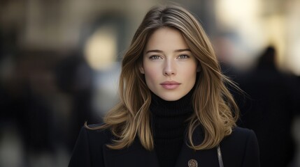 Obraz premium Elegant woman with flowing blonde hair in a sleek black coat, walking confidently in a bustling city environment with blurred motion in the background, ideal for fashion editorial photography