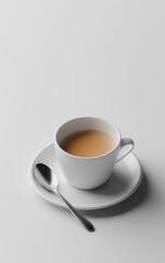 White espresso cup with rich crema on glossy saucer, paired with silver spoon, modern light gray gradient background, sleek reflections, and minimalist sophisticated design.
