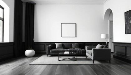 A dramatic monochrome living room with black skirting boards against stark white walls
