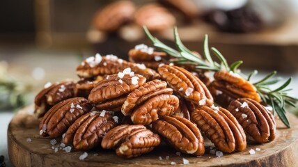 Obraz premium Candied pecans covered with a thick layer of caramel and sprinkled with sea salt. They are laid out on a wooden board and decorated with fresh rosemary. The background is blurred.
