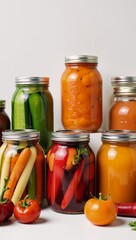 Colorful vector illustration showcasing vegetables preserved in jars with gardening theme background