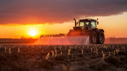 Farm tractor spreading spray at sunset over freshly tilled soil in rural landscape