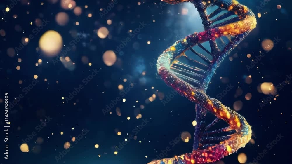 Poster a stylized, glowing 3d rendering of a dna double helix. perfect for science, technology, or medical 