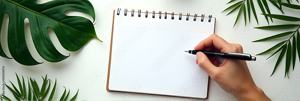 Poster a flat lay of hand writing on a notepad surrounded by tropical leaves and a minimalist home office w