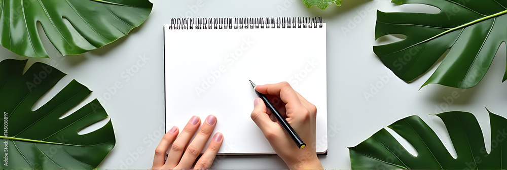Poster a flat lay of hand writing on a notepad surrounded by tropical leaves and a minimalist home office w