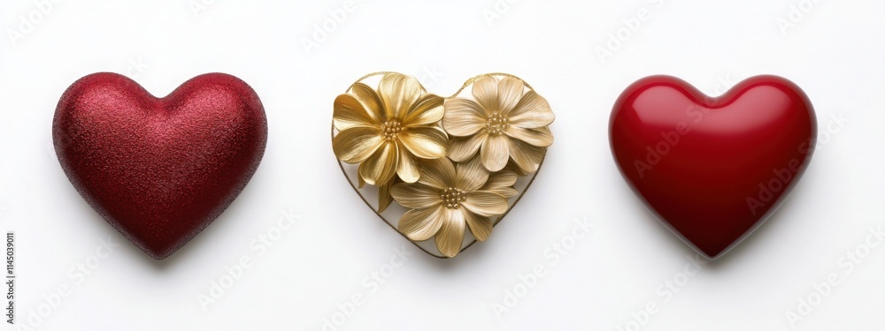 Poster three different heart shapes on a white background: one red with a glossy texture