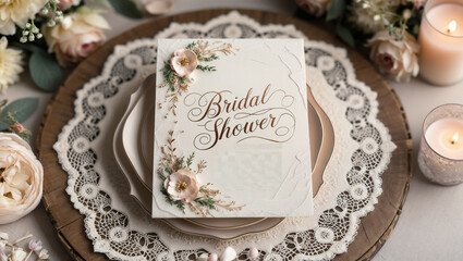 Elegant bridal shower invitation with floral decoration on a stylish table setting