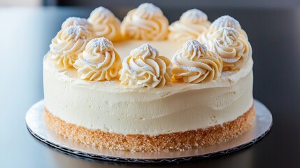 Delicious whole vanilla cheesecake with swirls and powdered sugar.