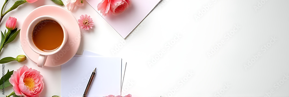 Poster a desk table setup featuring a flat lay of feminine elements such as flowers, notes, and a coffee cu