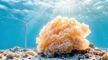 Underwater coral reef with offshore wind turbine.