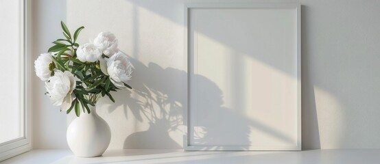White peonies in a vase beside a blank picture frame on a bright, minimalistic window sill Soft natural light casts gentle shadows, enhancing a serene atmosphere