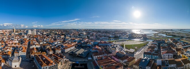 Obraz premium Aerial drone panoramic view of Aveiro city in Portugal, famous for its canals