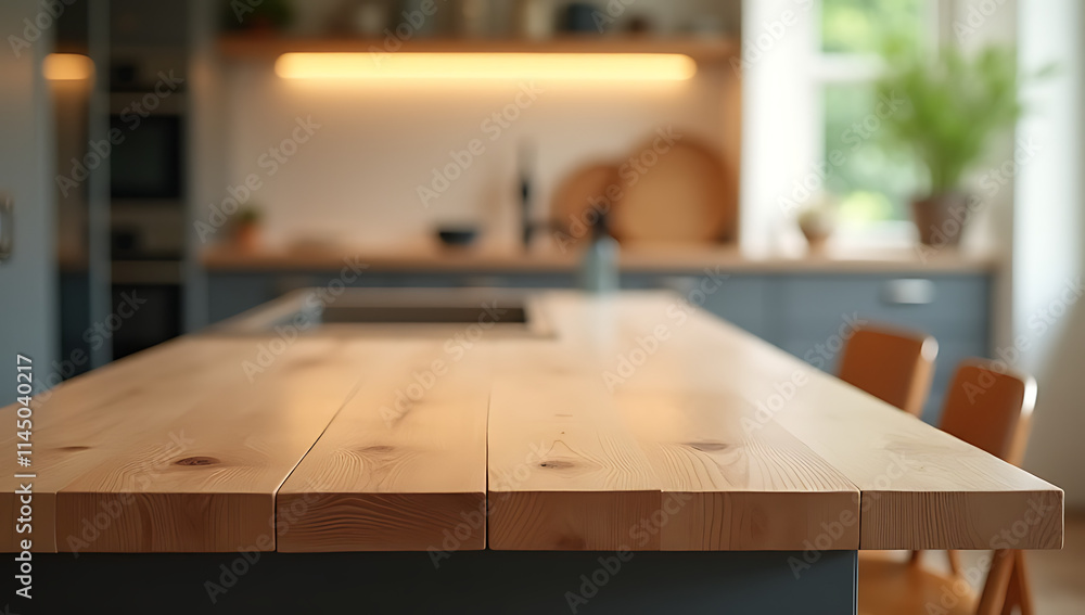 Aufkleber A cozy wood table top counter island in the kitchen creates a warm and inviting atmosphere with its blurred edges._00002_
