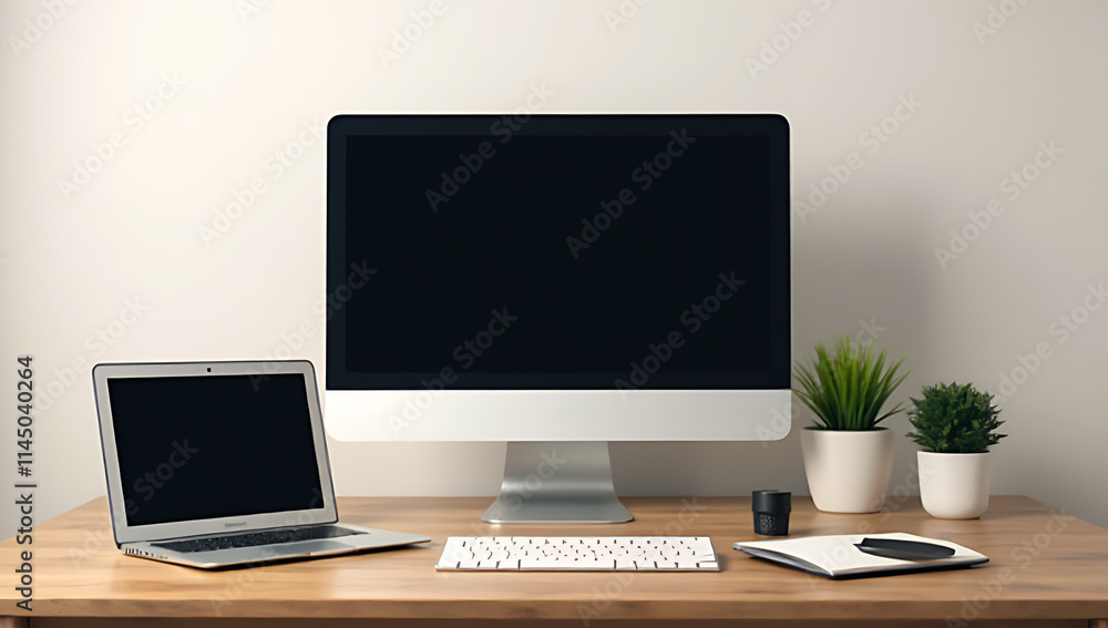 Aufkleber a computer and various laptop accessories are set up on a wooden desk in front of a plain business f