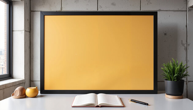 Digital frame mockup with yellow background on desk, open book and plant, cozy workspace, copy space
