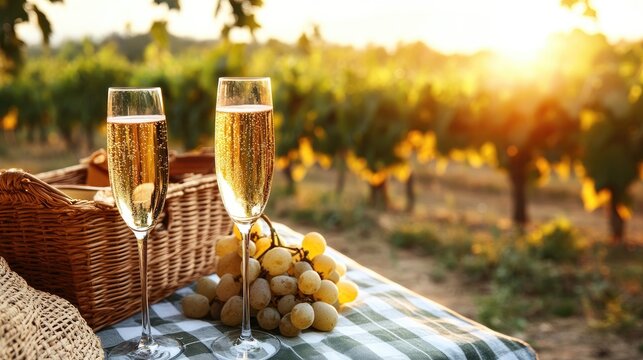 Two champagne glasses sit next to a picnic basket among lush vineyards, creating a romantic outdoor setting during golden hour
