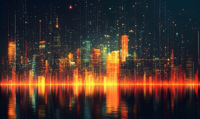 Obraz premium Futuristic Skyline, Night Cityscape with Overlay of Geometric Patterns