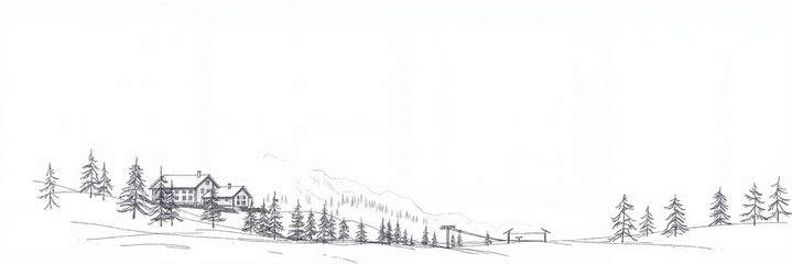 Obraz premium Pencil sketch of a snowy landscape with trees and a house.