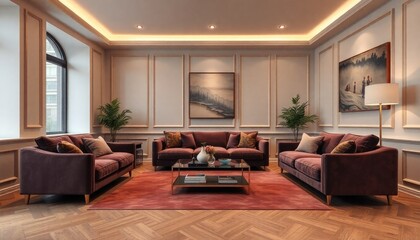 A luxurious urban living room with metallic gold skirting boards and plush velvet furniture