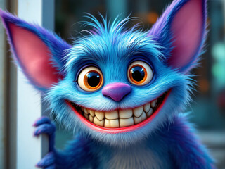 Fototapeta premium A funny furry blue monster with horns smiling