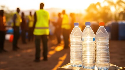 Bottled Water on Cardboard Box with People in Background, Evening Sunshine Providing Warm Glow to Community Event and Refreshment Distribution Scene