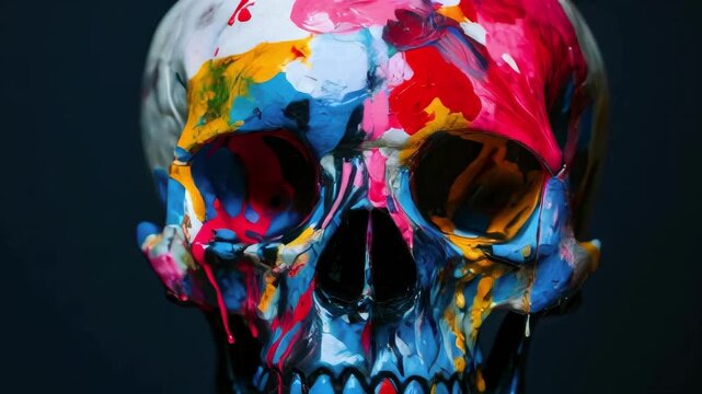 A skull painted with vibrant colors against a dark background, creating a striking visual. Ideal for art, design, and Halloween projects.. AI Generation