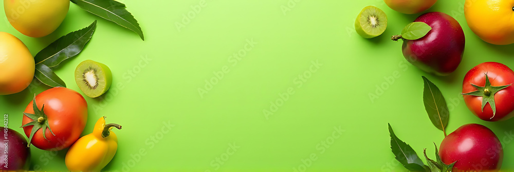 Poster a collection of various fruits arranged artfully in a vibrant green background with plenty of empty 
