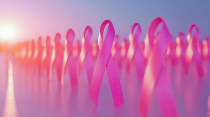Multiple pink ribbons at sunrise for breast cancer awareness.