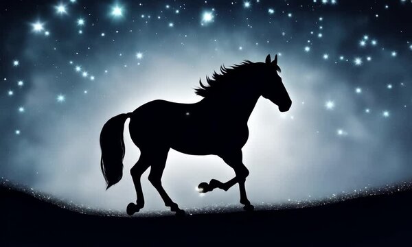Walking horse silhouette with starry sky in the background. Generative AI