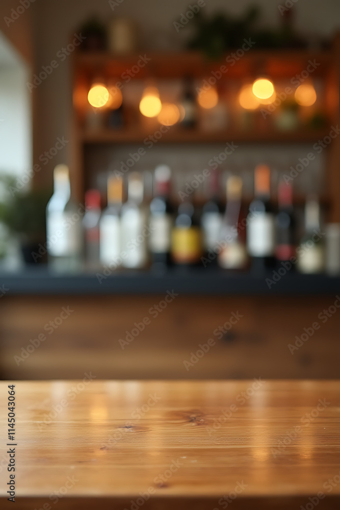 Poster a clean wooden table with a blurred background showcases cocktail counter bar and wine bottles for p