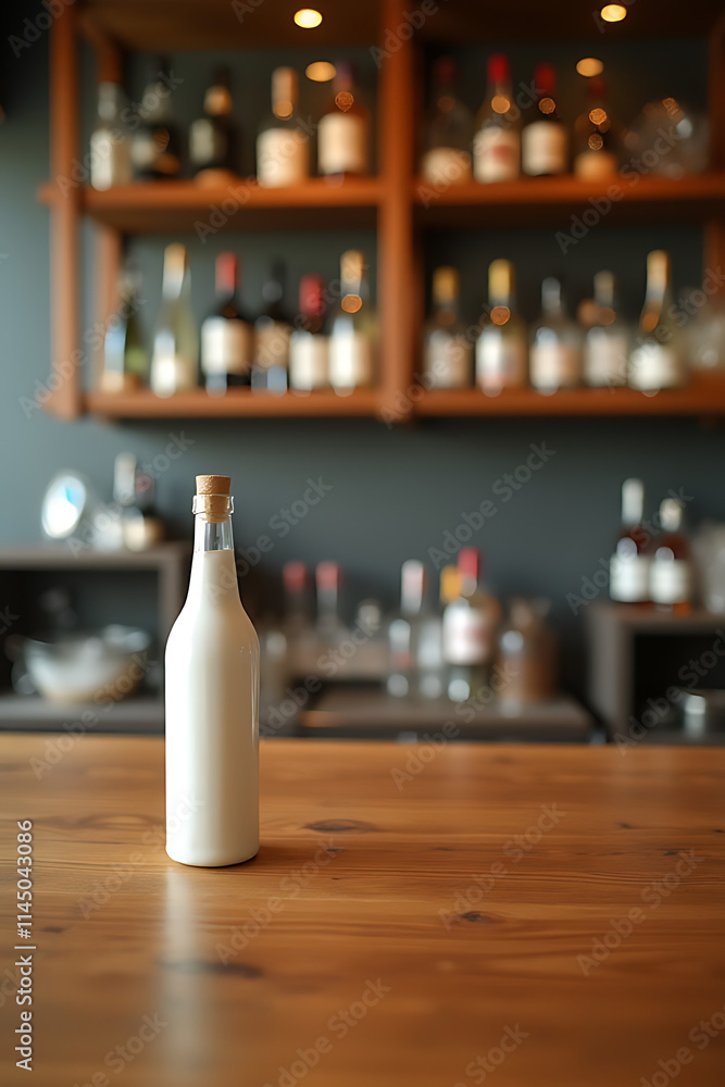 Poster a clean wooden table with a blurred background showcases cocktail counter bar and wine bottles for p