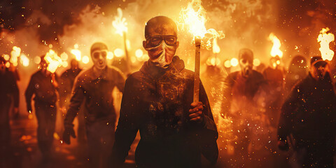 Masked Figures with Flaming Torches at Night