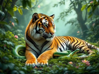 Obraz premium Majestic Tiger and Green Snake in a Lush Jungle Setting