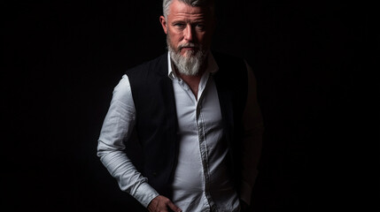 Fototapeta premium Portrait of a confident, stylish man with a white beard wearing a dark suit, posed against a dramatic black background