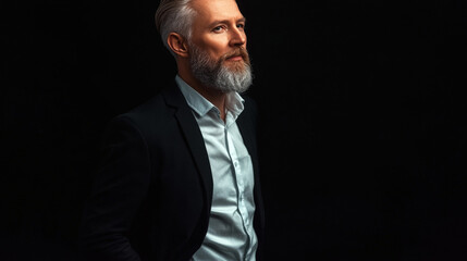 Fototapeta premium Portrait of a confident, stylish man with a white beard wearing a dark suit, posed against a dramatic black background
