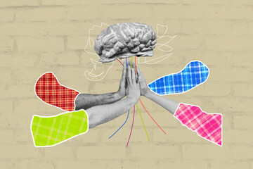 Composite trend artwork 3D sketch image photo collage of group friends hand arm sleeve gesture...