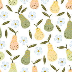 Pears with Blooms and Leaves Seamless Pattern on White Background
