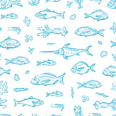 Sea food seamless pattern. Lobster, crab, shrimp and squid hand drawn illustration. Ocean delicacy wallpaper. Blue white design for branding, restaurant and menu.