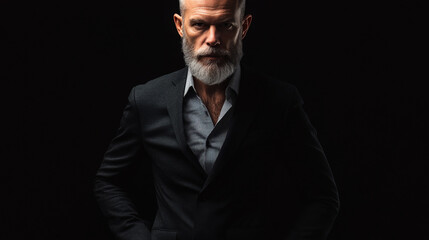 Fototapeta premium Portrait of a confident, stylish man with a white beard wearing a dark suit, posed against a dramatic black background