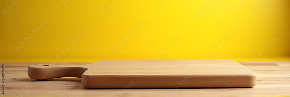 Aufkleber a chopping board sits atop a wooden table against a blurred yellow background ideal for product disp