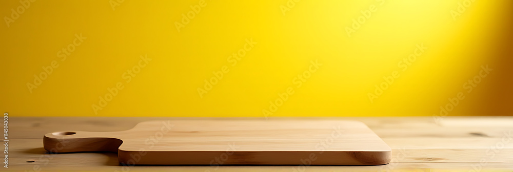 Poster a chopping board sits atop a wooden table against a blurred yellow background ideal for product disp
