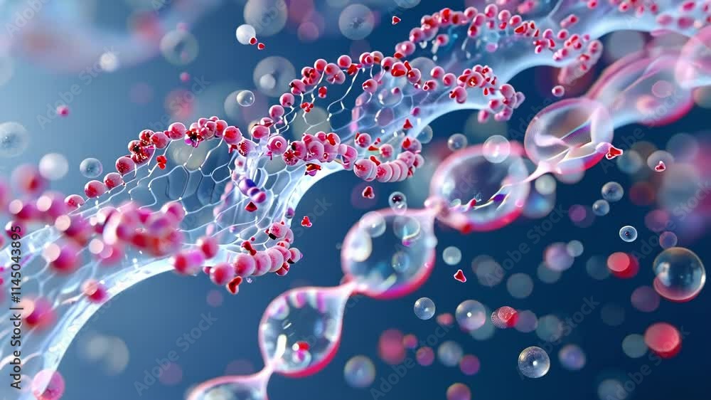 Poster abstract 3d illustration representing data stream flowing with pink spheres and mesh network on a bl