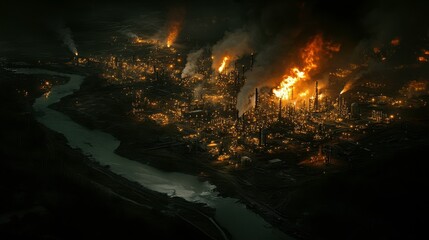 Aerial View of a Large Industrial Complex Engulfed in Flames, Surrounded by Smoke and Fire, Creating a Dramatic Nighttime Scene Over a River