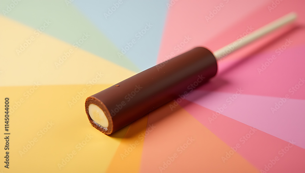 Poster a chocolate stick placed on a vibrant and colorful background is an appealing food presentation conc