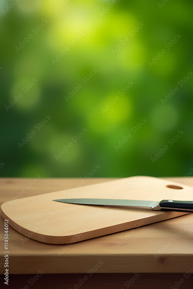 Poster A chopping board rests on a table amidst a blurred green bokeh background with soft focus effect._00002_